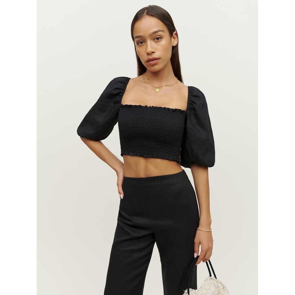 Reformation Scarlett Black Smocked Linen Crop Top Puff Sleeve Size 6 NWT